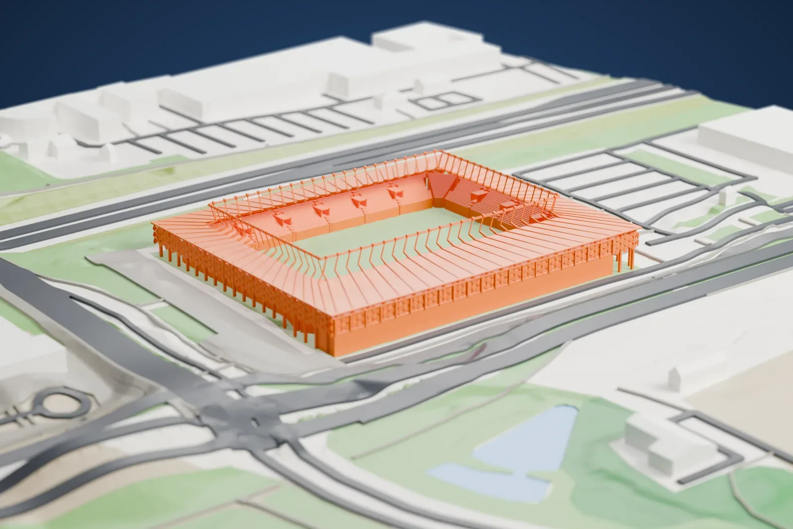 A white 3D print of the Stade de Luxembourg, a low stadium ring around an open pitch, among the surrounding streets and buildings of Gasperich.