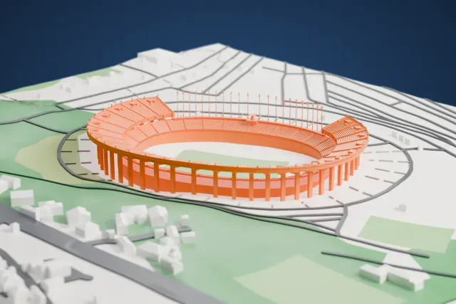 A white 3D print of Stade du 5 Juillet 1962, an oval stadium with tiered stands, a ring of slim outer columns and a row of tall thin masts, set among green hills and low buildings.