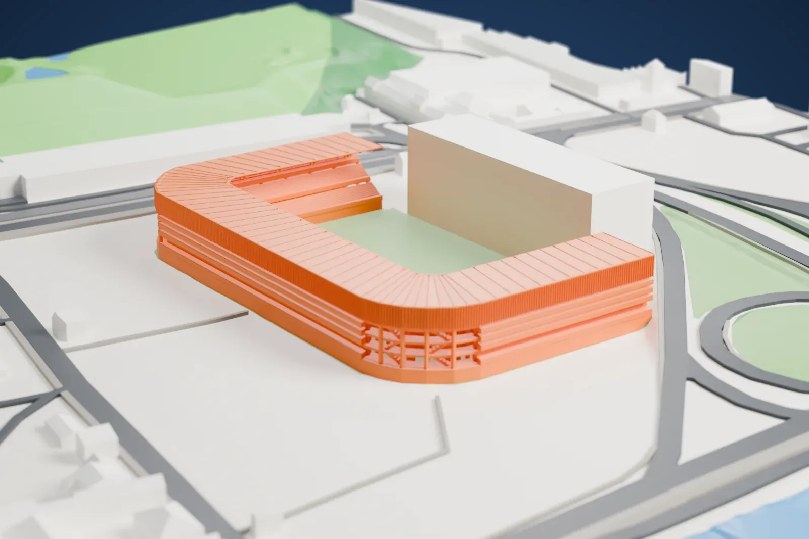 A white 3D print of the Stade Maurice Dufrasne, showing connected stands around an open pitch, set in the surrounding city.