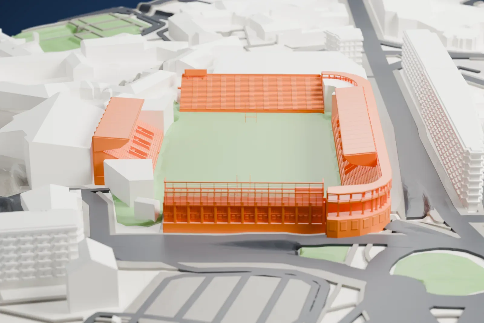 A white 3D print of Stade Mayol in Toulon, with the surrounding streets and buildings around it.