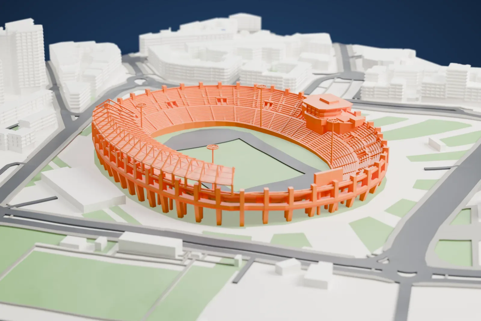 A white 3D print of Stade Mohammed V, an open oval stadium with a single curved west canopy, exposed concrete ribs and four slender light poles, among surrounding city buildings.