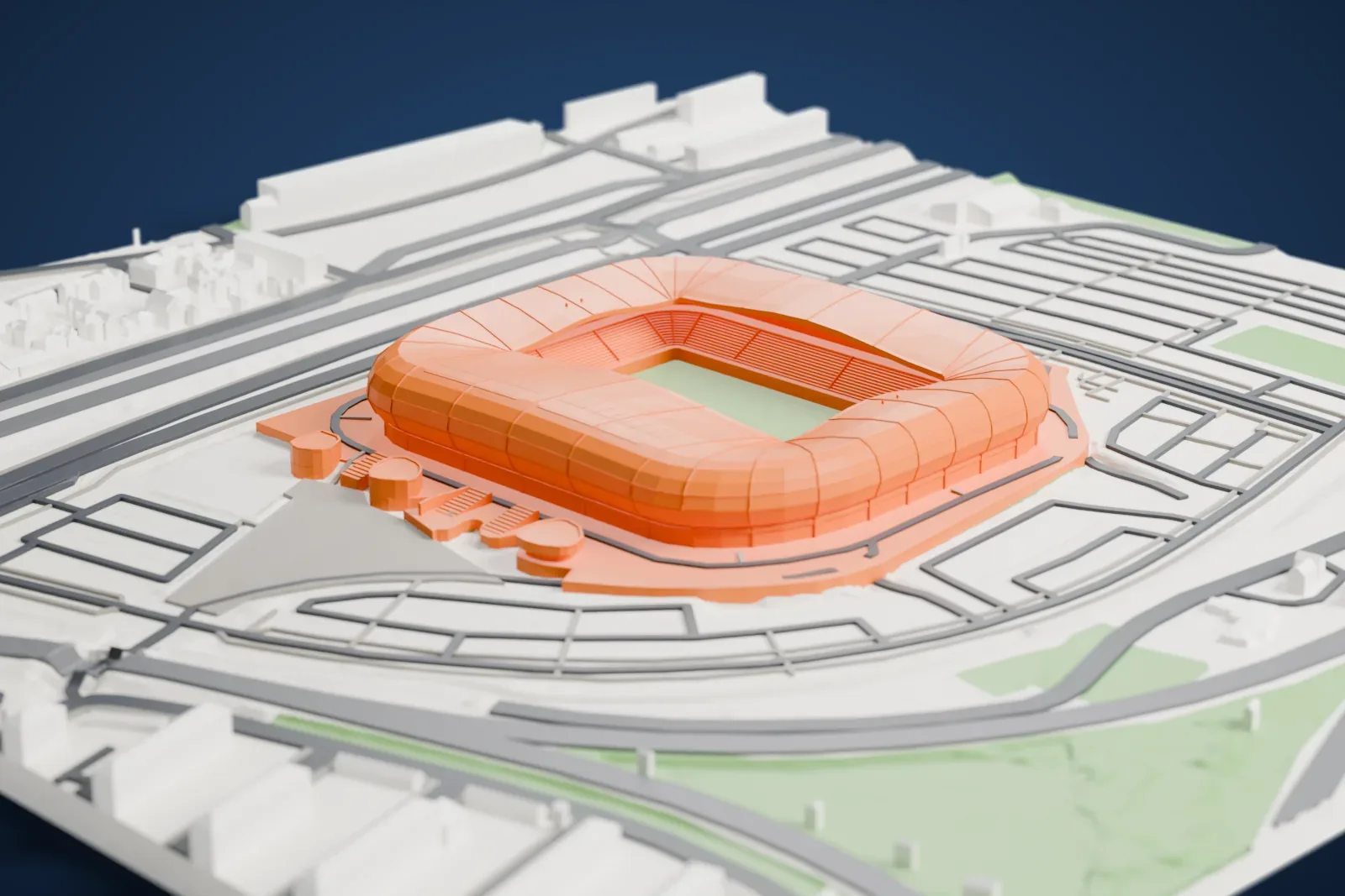 A white 3D print of the Stade Océane, a rounded stadium shell with an open rectangular roof over the pitch, surrounded by the streets and buildings of Le Havre.