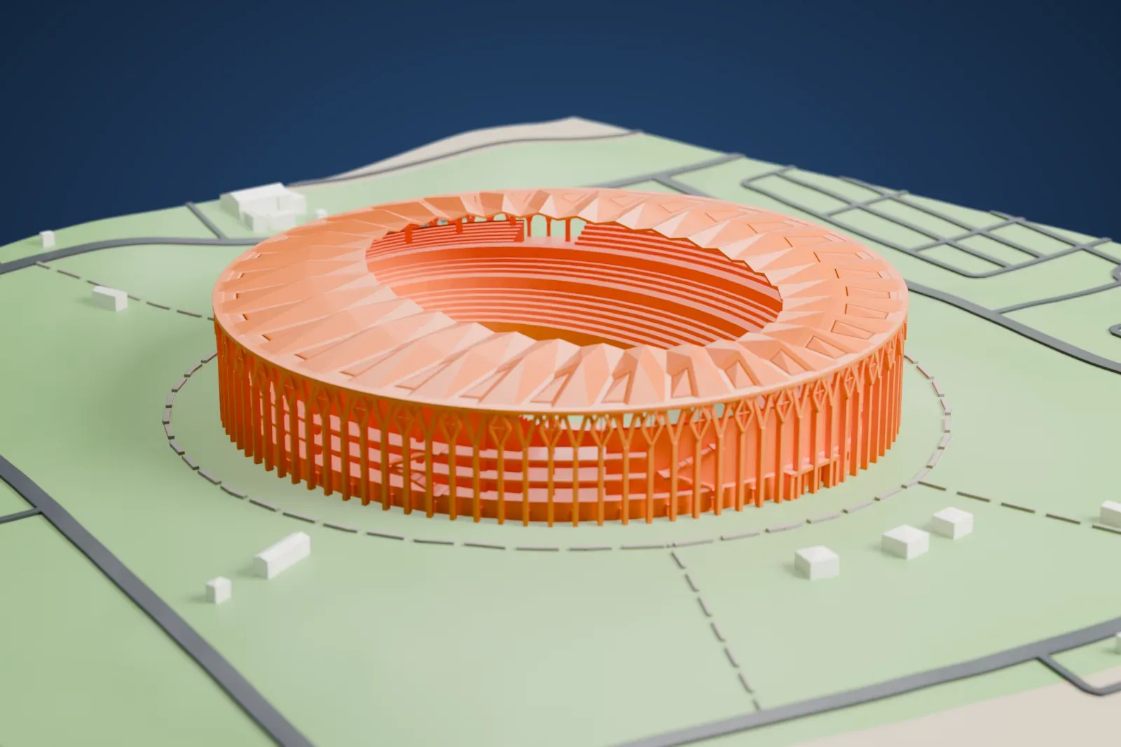 A white 3D print of the Stade Olympique d'Ebimpé with a ring of columns and an open stadium bowl, surrounded by roads and scattered small buildings.