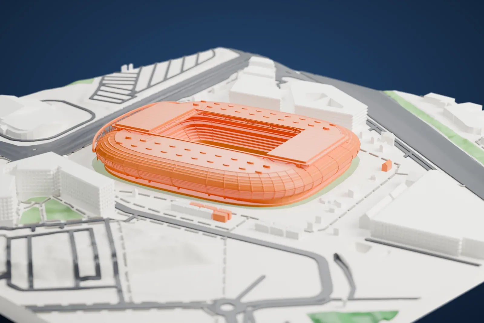 A white 3D print of Stade Pierre-Mauroy, an oval stadium with a ribbed outer shell and two flat roof panels over a green pitch, with roads and large buildings around it.