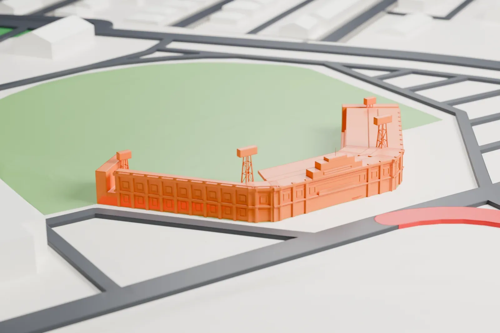 A white 3D print of Stade Quillorama, a baseball stadium, among the surrounding streets and buildings.