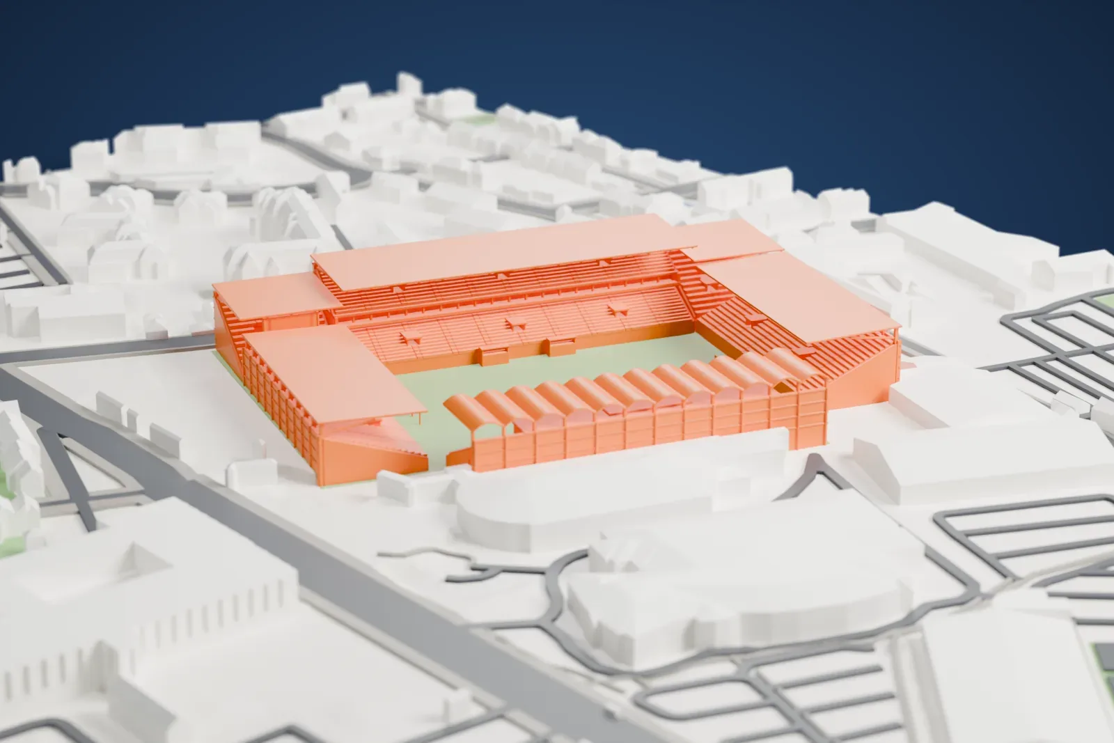 A white 3D print of Stade Raymond Kopa, four stands around an open pitch, with a long scalloped roof on one side, among the streets and buildings of Angers.