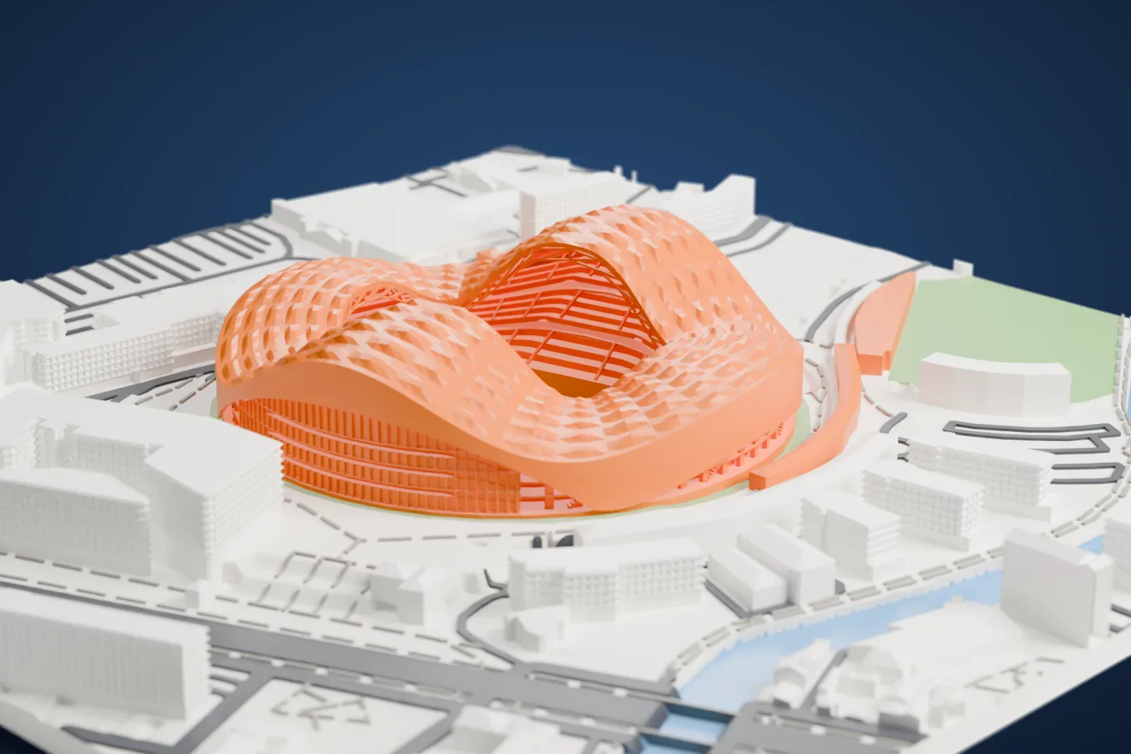 A white 3D print of Stade Vélodrome, an oval stadium under a wavy, ribbed roof with an open center, surrounded by streets, large buildings and small stretches of green and water.
