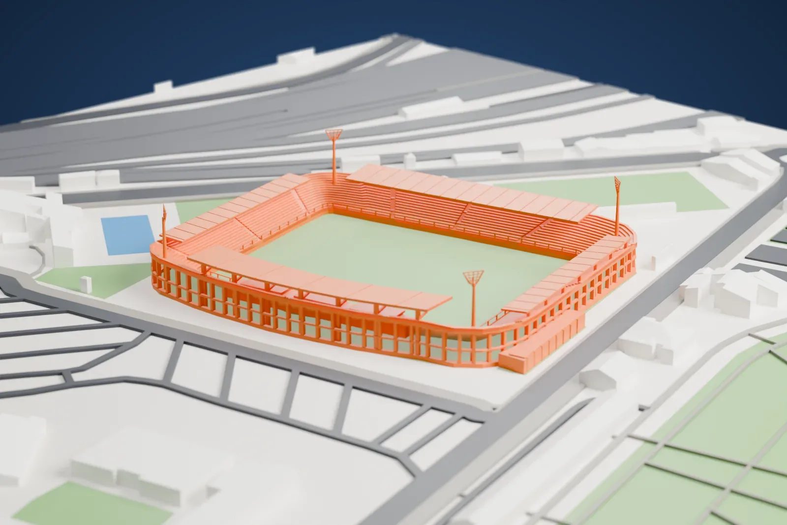 A white 3D print of Stadio Alberto Braglia among the surrounding streets and buildings.