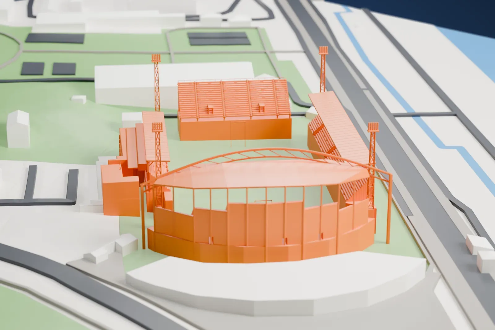 A white 3D print of Stadio Alberto Picco, with four stands around an open field and floodlight towers, set among surrounding streets and buildings.