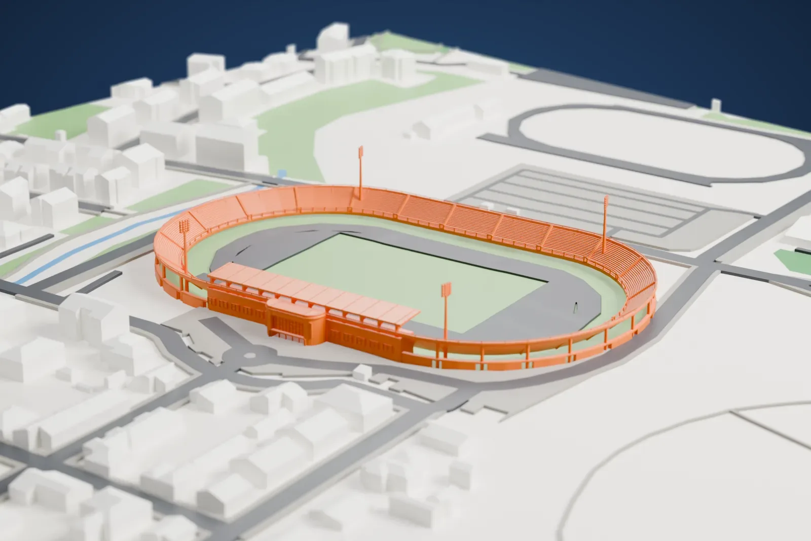 A white 3D print of the Stadio Armando Picchi, an open oval stadium with a single roofed west stand and four floodlight masts, set among city buildings.