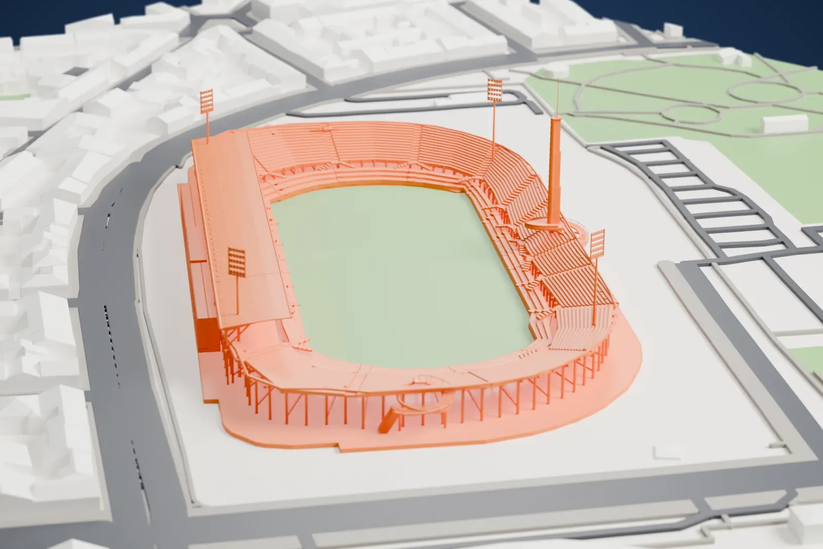 A white 3D print of the Stadio Artemio Franchi, a D-shaped bowl with a single rising canopy and a thin tower with a flagstaff, among surrounding streets and buildings.