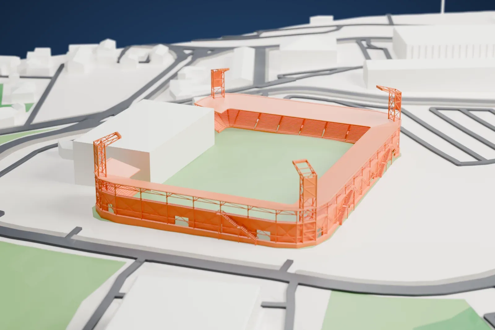 A white 3D print of the Stadio Benito Stirpe, with its low covered stands around an open pitch and city buildings beyond.