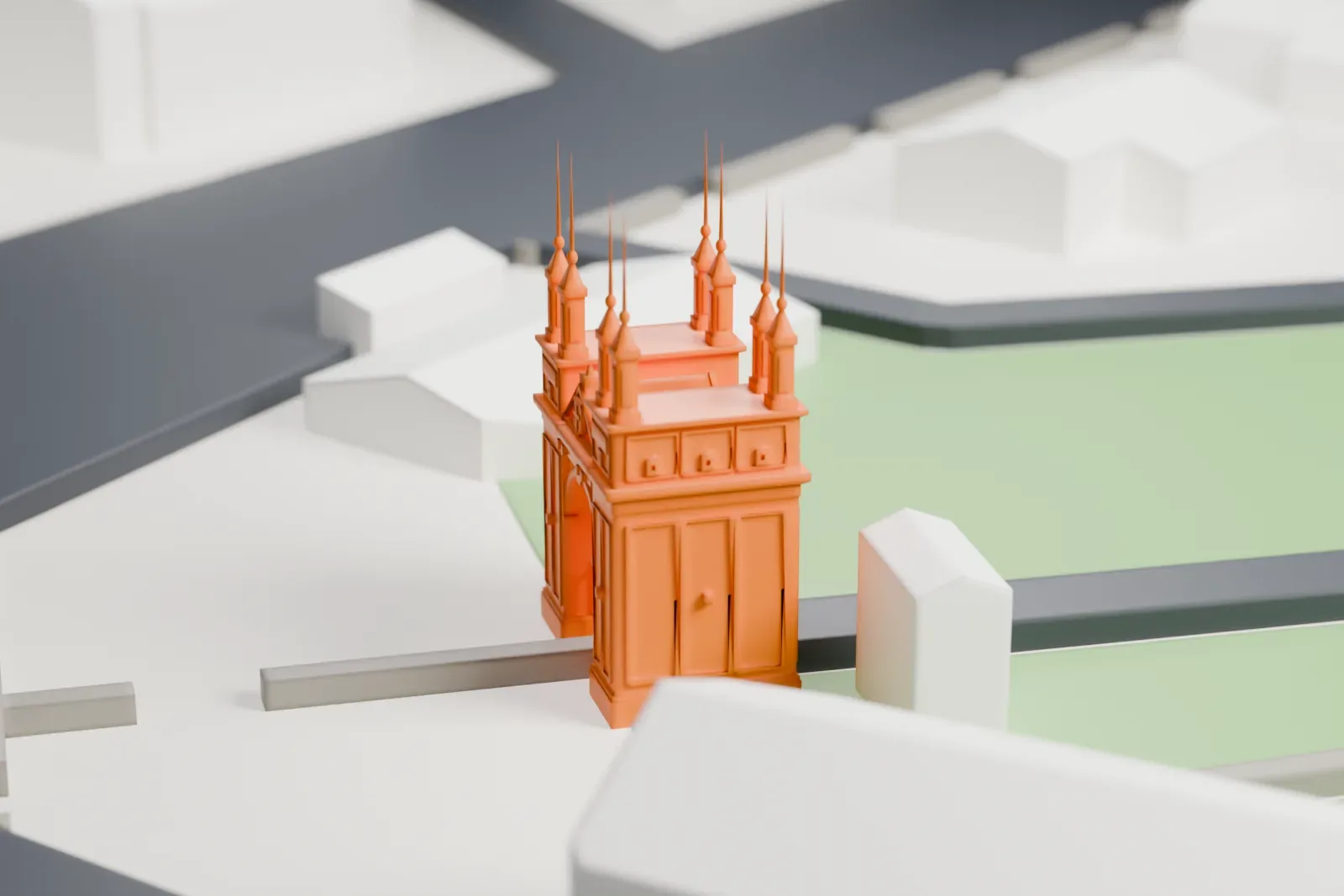 A white 3D print of the Stadio Ennio Tardini entrance, two tall pylons crowned with pinnacles and spikes around a single round arch, with a pediment between them, among the streets and buildings around it.