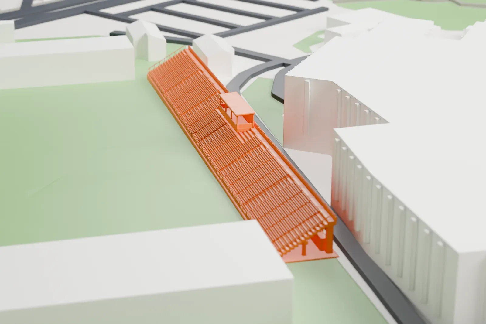 A white 3D print of one long stand of Stadio Ezio Scida, a stepped terrace with a small covered section beside a green pitch and nearby buildings.