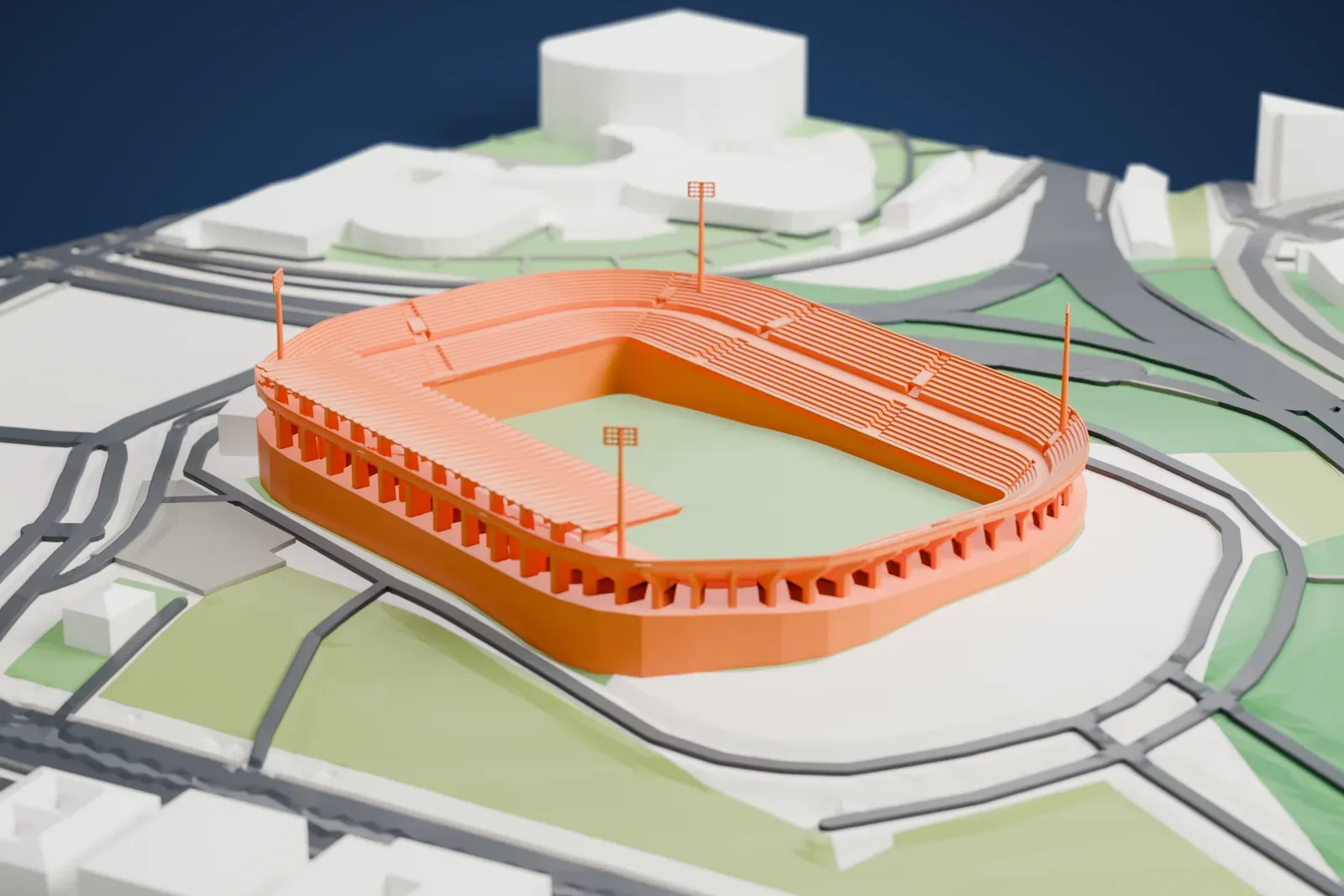 A white 3D print of the Stadio Flaminio, an oval stadium among surrounding streets and buildings.