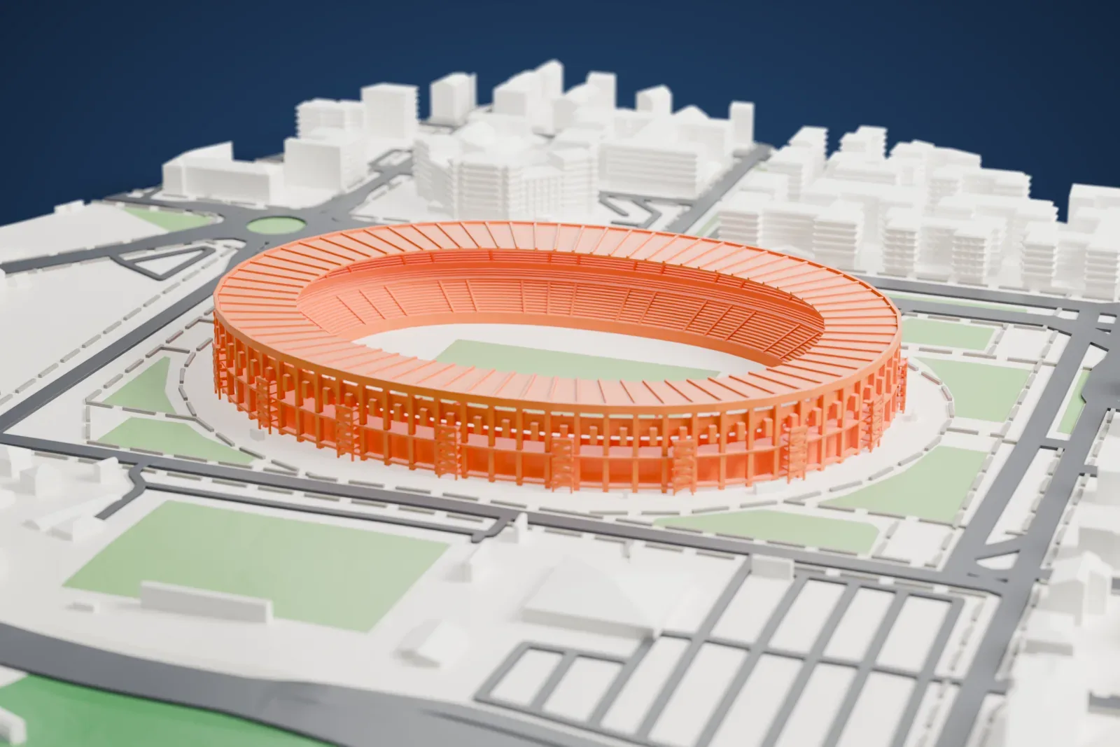 A white 3D print of the Stadio Marcantonio Bentegodi, a low oval bowl under a continuous ring roof with columns and stair towers around it, among the surrounding streets and buildings.