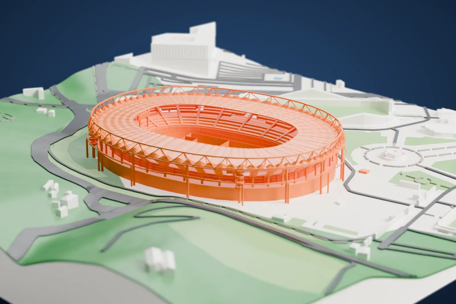 A white 3D print of Stadio Olimpico, an oval stadium with a ring-shaped roof held by slim struts, standing beside a green hillside and open paved plazas.
