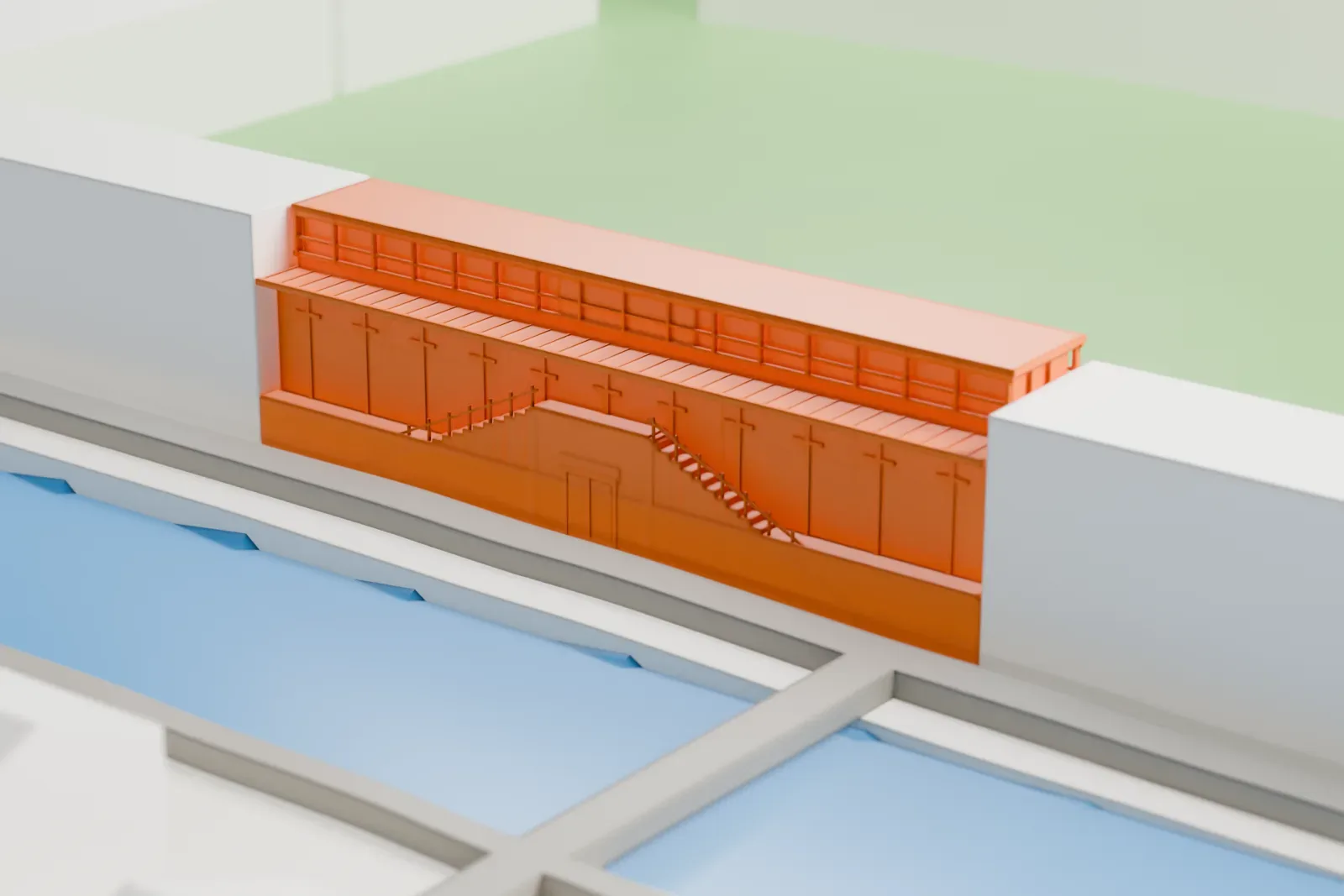A white 3D print of the central grandstand at Stadio Pier Luigi Penzo, with a thin covered roof, raised glazed press gallery and stepped open seating, among the stadium's other stands.