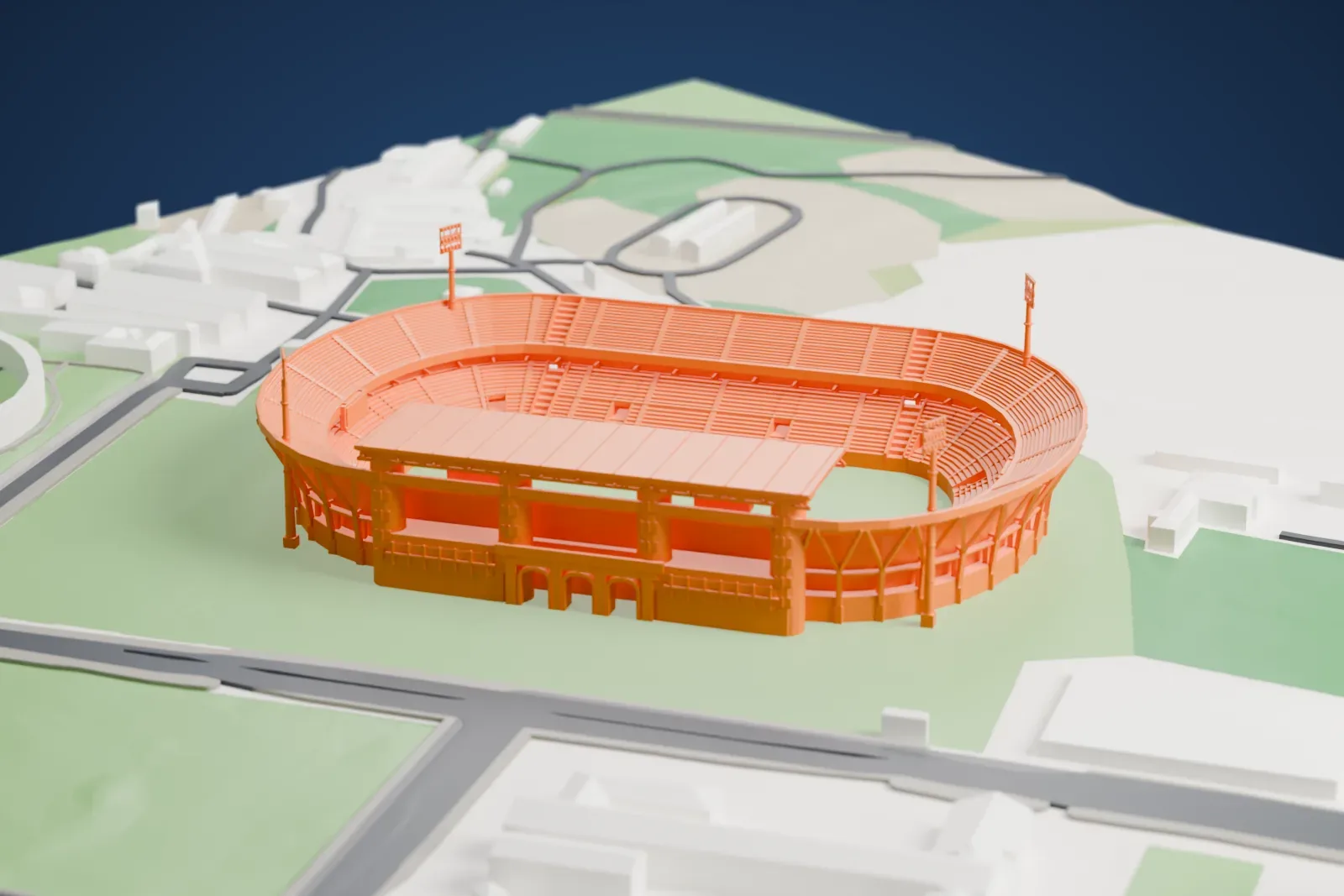A white 3D print of Stadio Renzo Barbera in Palermo, with surrounding streets and buildings.