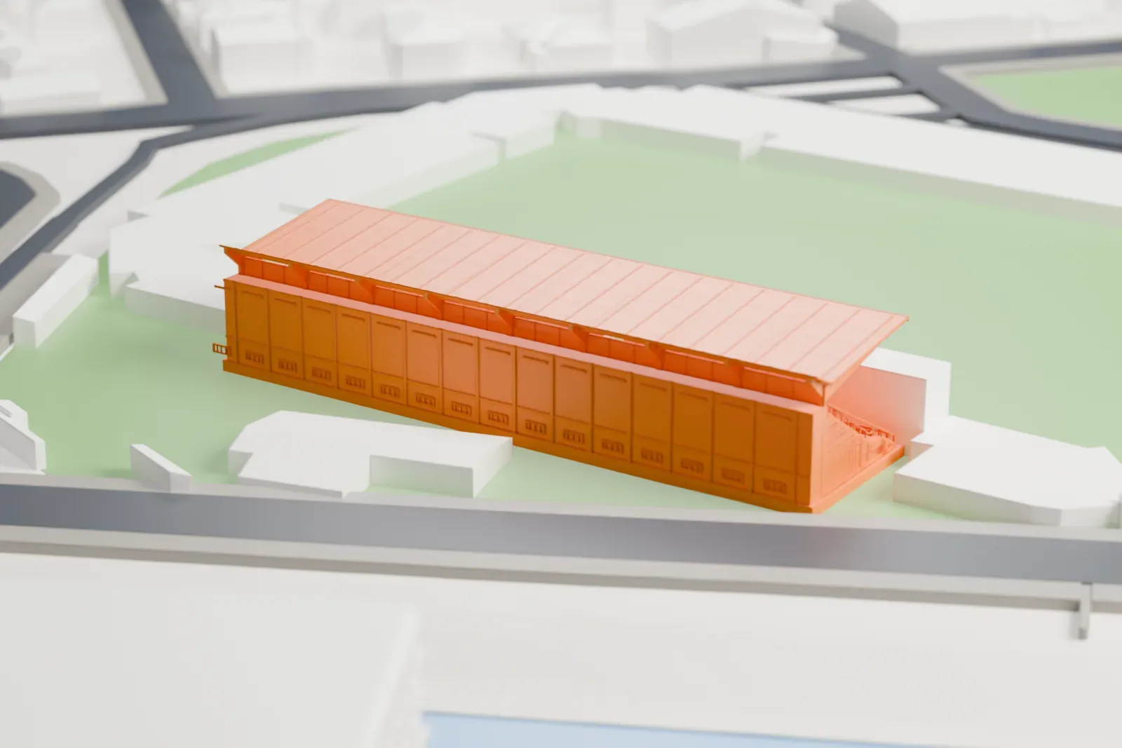 A white 3D print of Stadio Romeo Menti, a low covered grandstand with a thin roof, set among surrounding streets and buildings.
