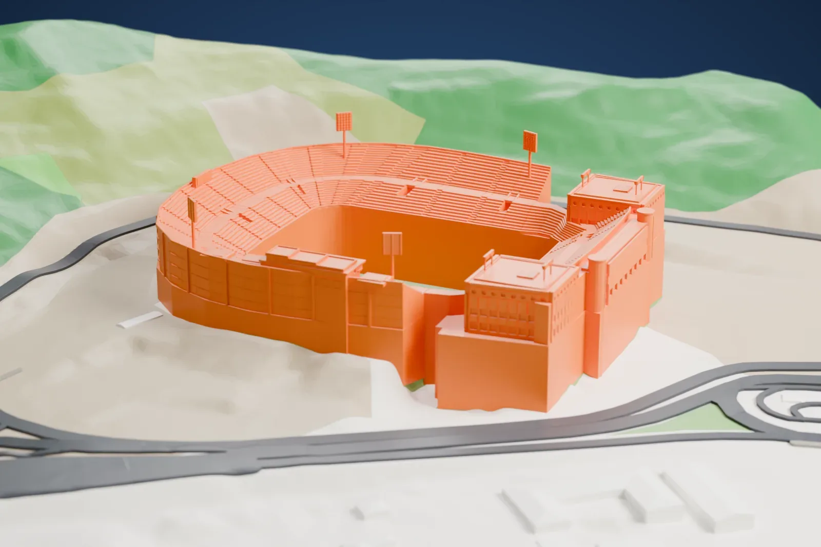A white 3D print of Stadio San Filippo, an open horseshoe stadium with a square south stand and tall floodlight masts, among the streets and buildings of Messina.