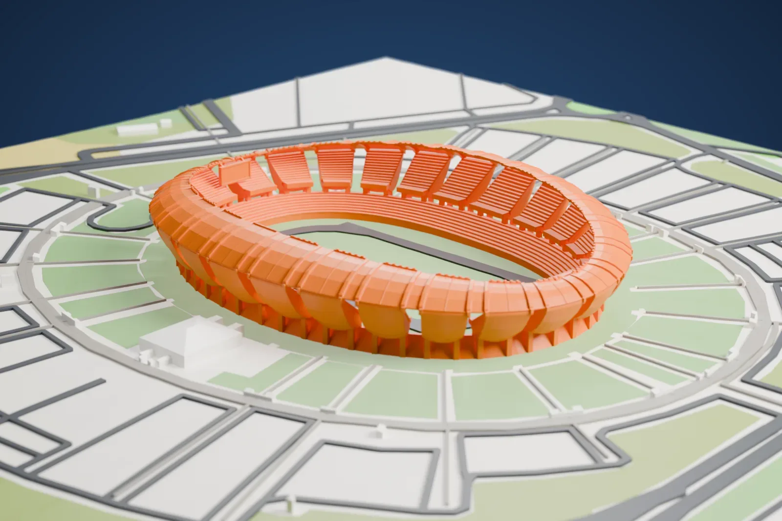 A white 3D print of the Stadio San Nicola, an oval stadium ringed by 26 curved petals, surrounded by city buildings.