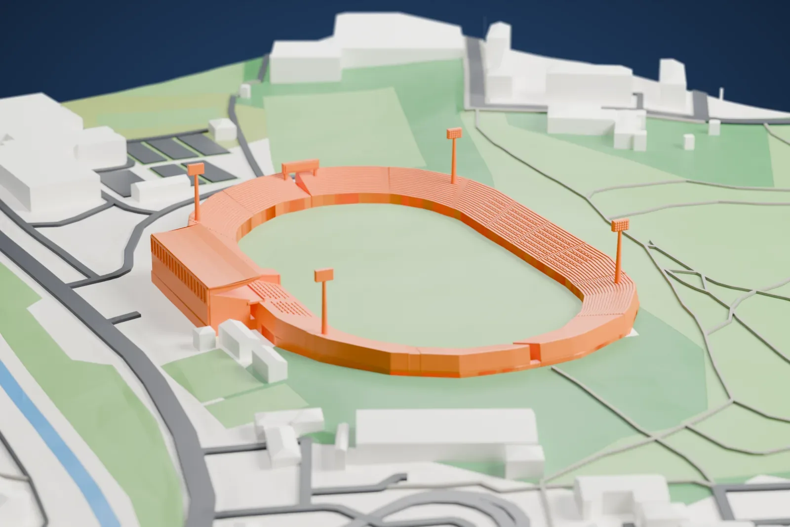 A white 3D print of Stadion Aleksandar Shalamanov, an oval football stadium with open stands and four tall floodlight masts, among surrounding roads and buildings.
