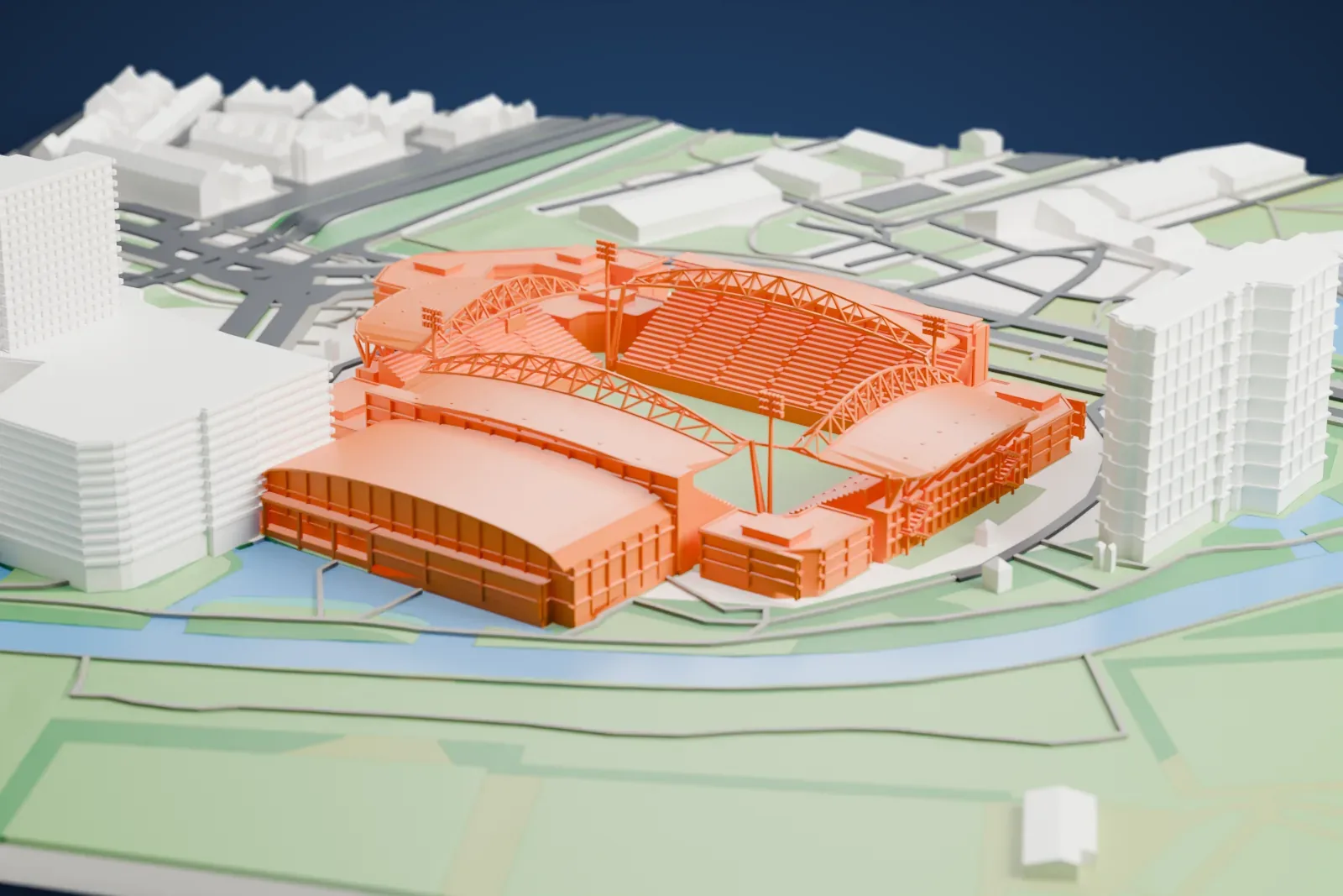 A white 3D print of Stadion Galgenwaard, a football ground with four separate curved roofs, open corners, stands around a pitch and four corner floodlight poles, among surrounding streets and buildings.