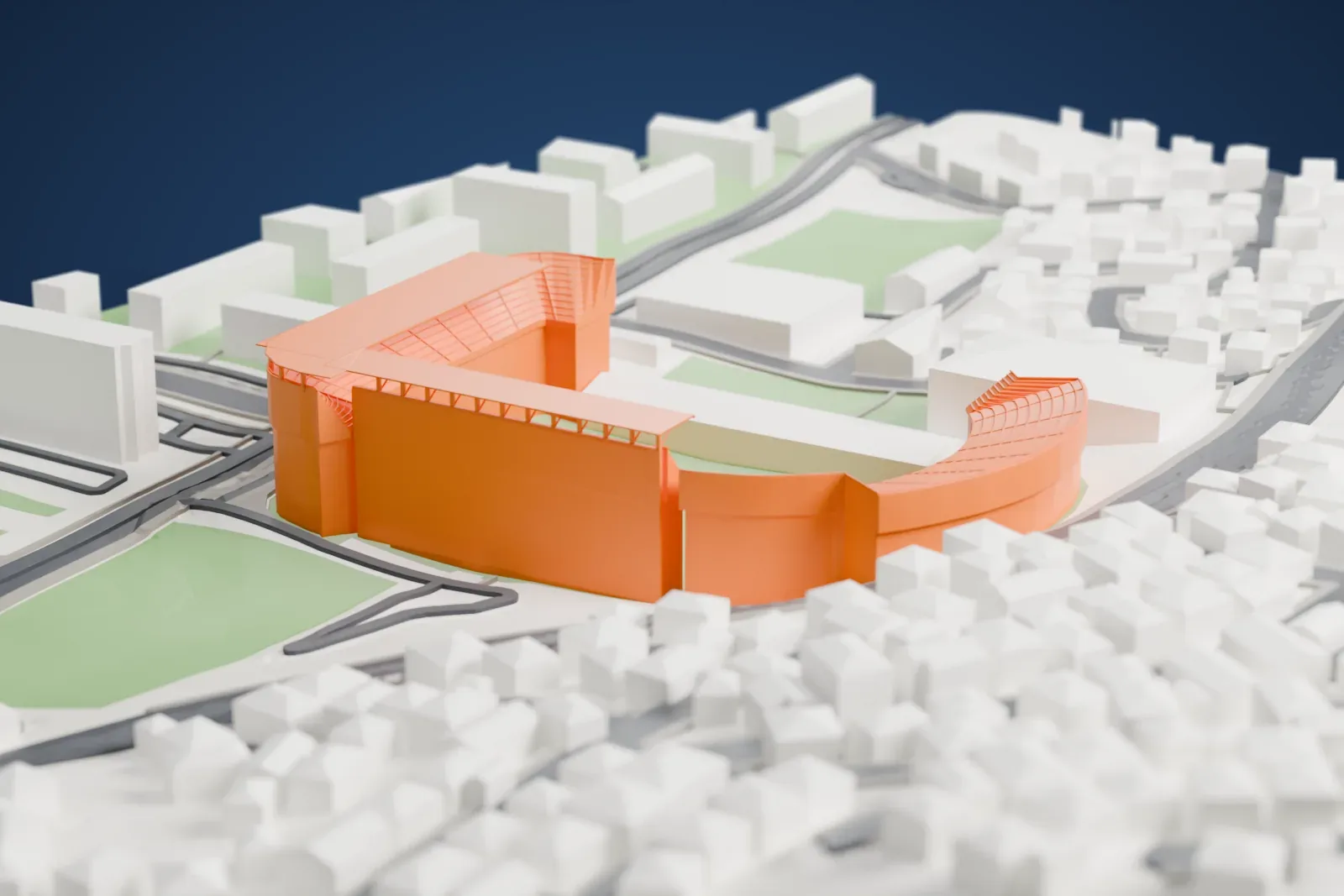 A white 3D print of Stadion Grbavica among the streets and buildings of Sarajevo.