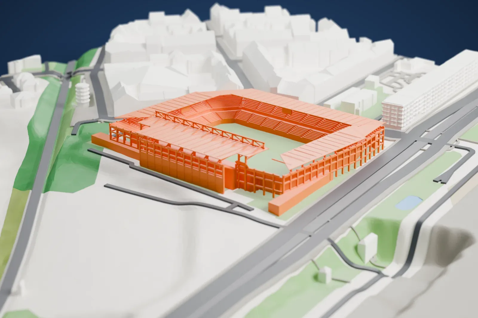 A white 3D print of Stadion Letná in Prague, with the surrounding streets and buildings.