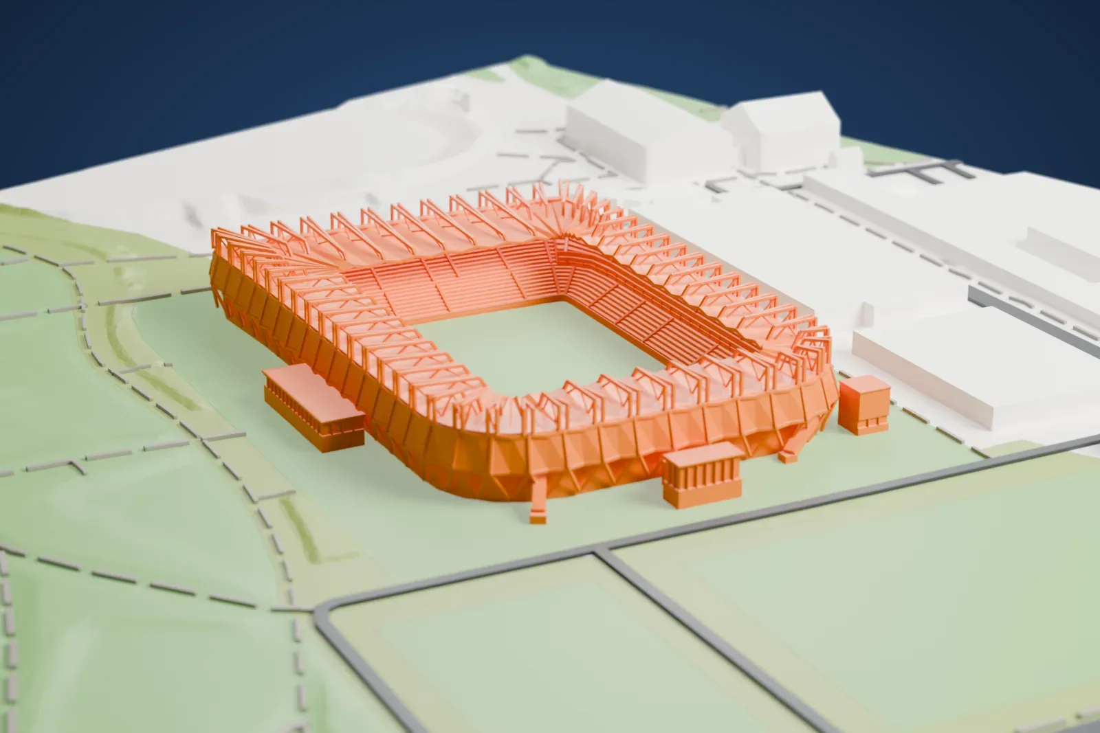 A white 3D print of Stadion in Malmö, a rectangular stadium under one folded roof with steel frames standing proud of it and V-shaped legs down its walls, among the surrounding streets and buildings.