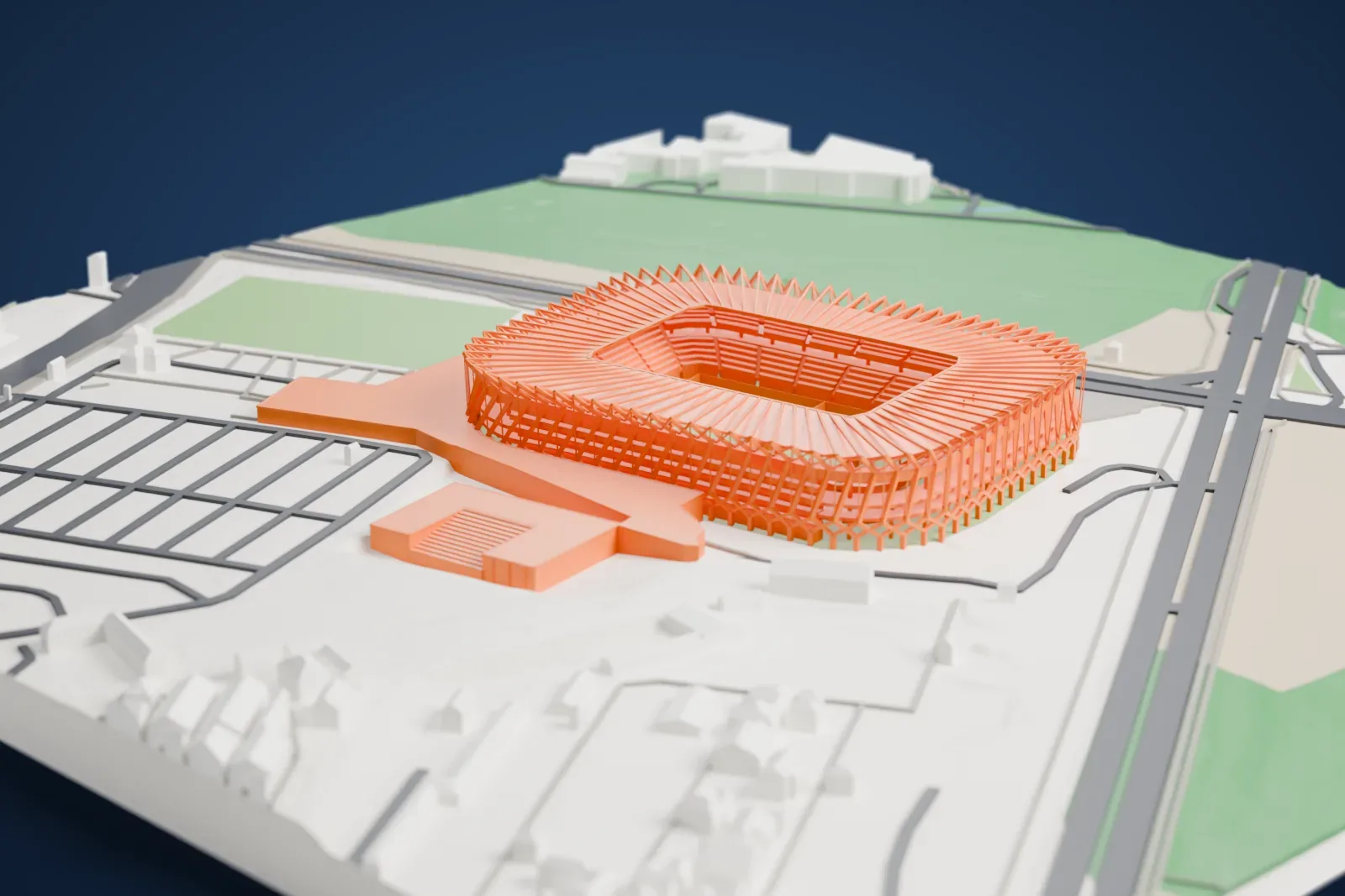 A white 3D print of Stadion Miejski in Białystok, with surrounding streets and buildings.