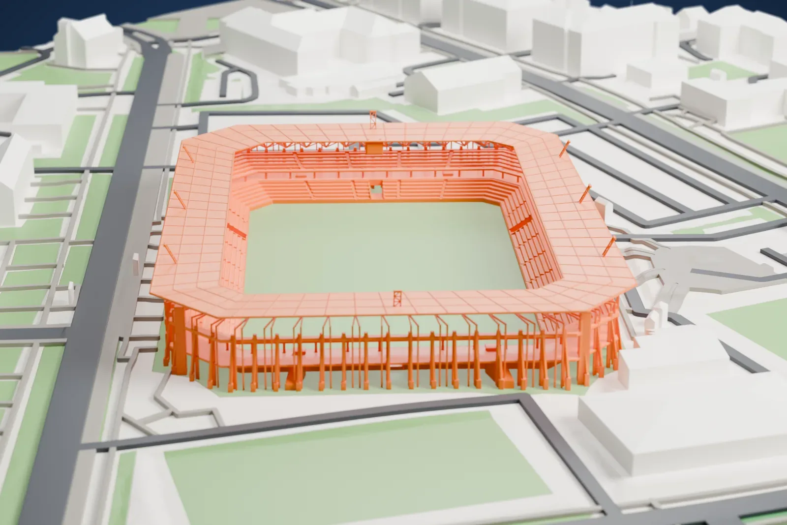 A white 3D print of Stadion Miejski, a rounded rectangular stadium with a column-lined outer wall and a green pitch, set among streets, green fields and low buildings.