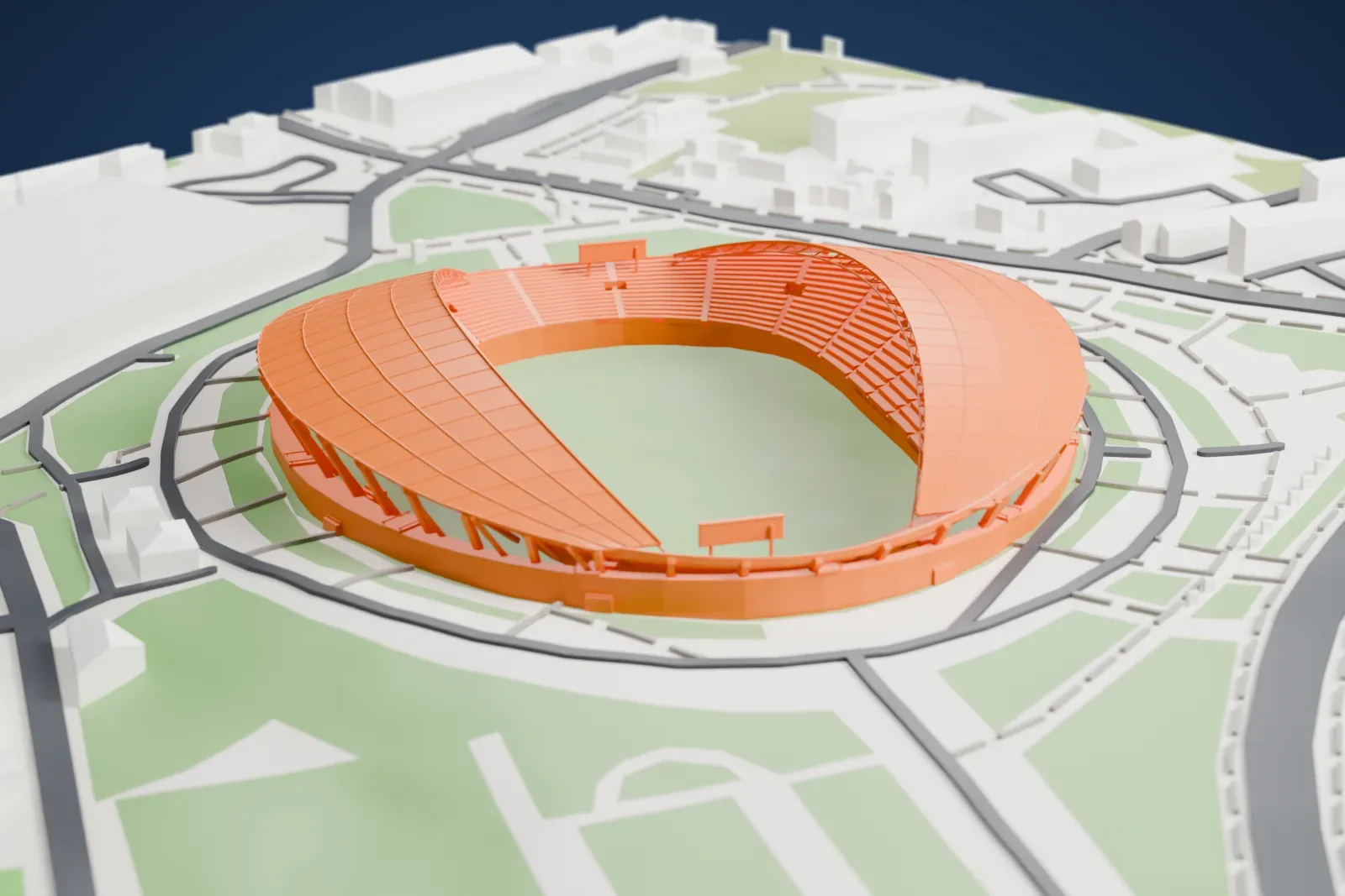 A white 3D print of Stadion Poljud, an oval stadium with a sweeping shell-shaped roof over one stand and an open pitch, ringed by a road and surrounded by parkland and a few low buildings.