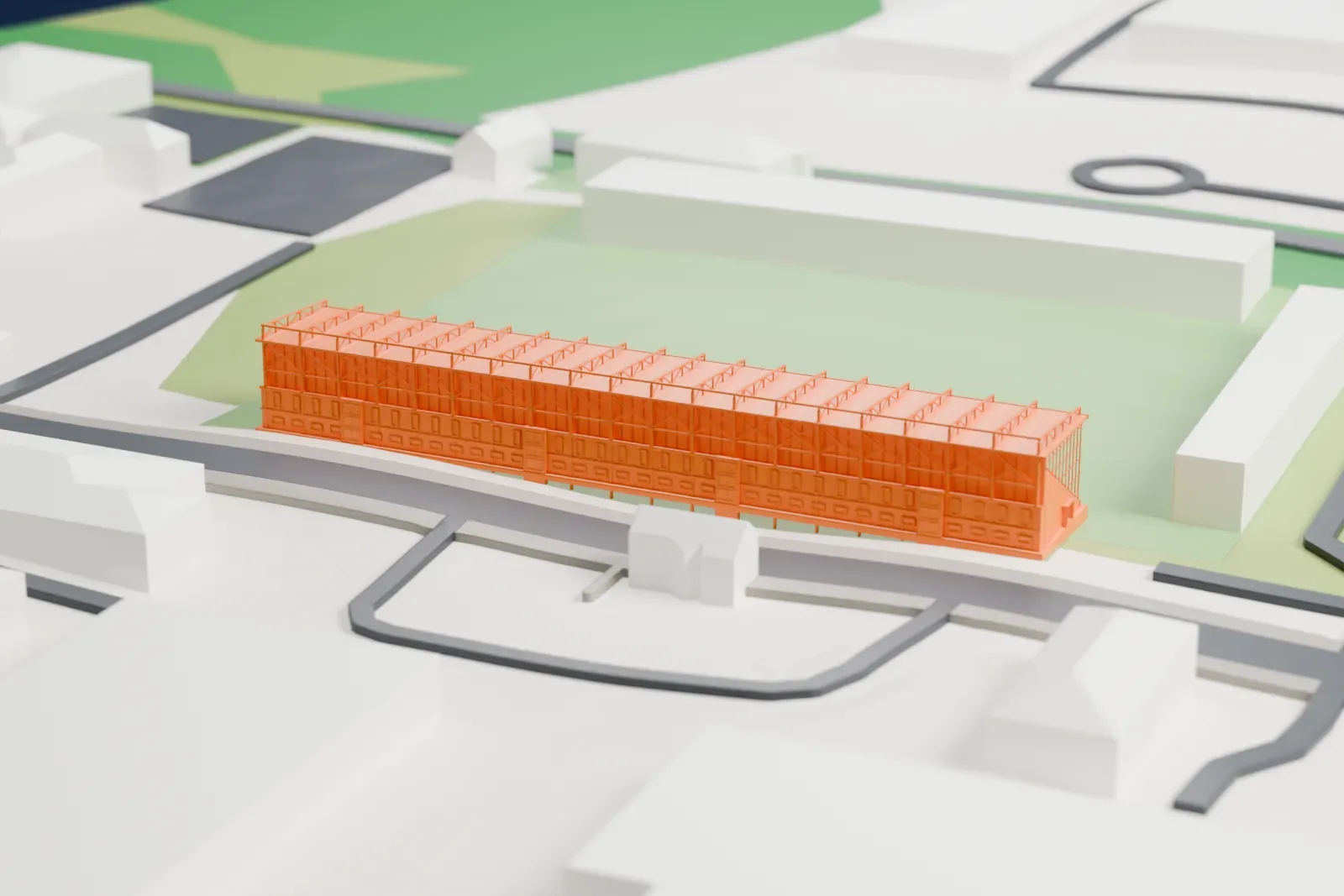 A white 3D print of the Stadion Varteks grandstand, a long covered seating stand with exposed roof trusses, set among surrounding buildings.