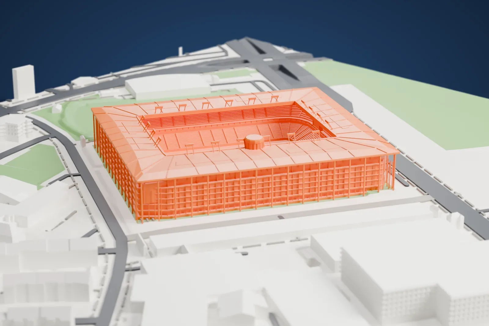 A white 3D print of Stadion Wankdorf, a rectangular bowl under one wide roof with a small round drum on its inner edge, among the surrounding streets and buildings.