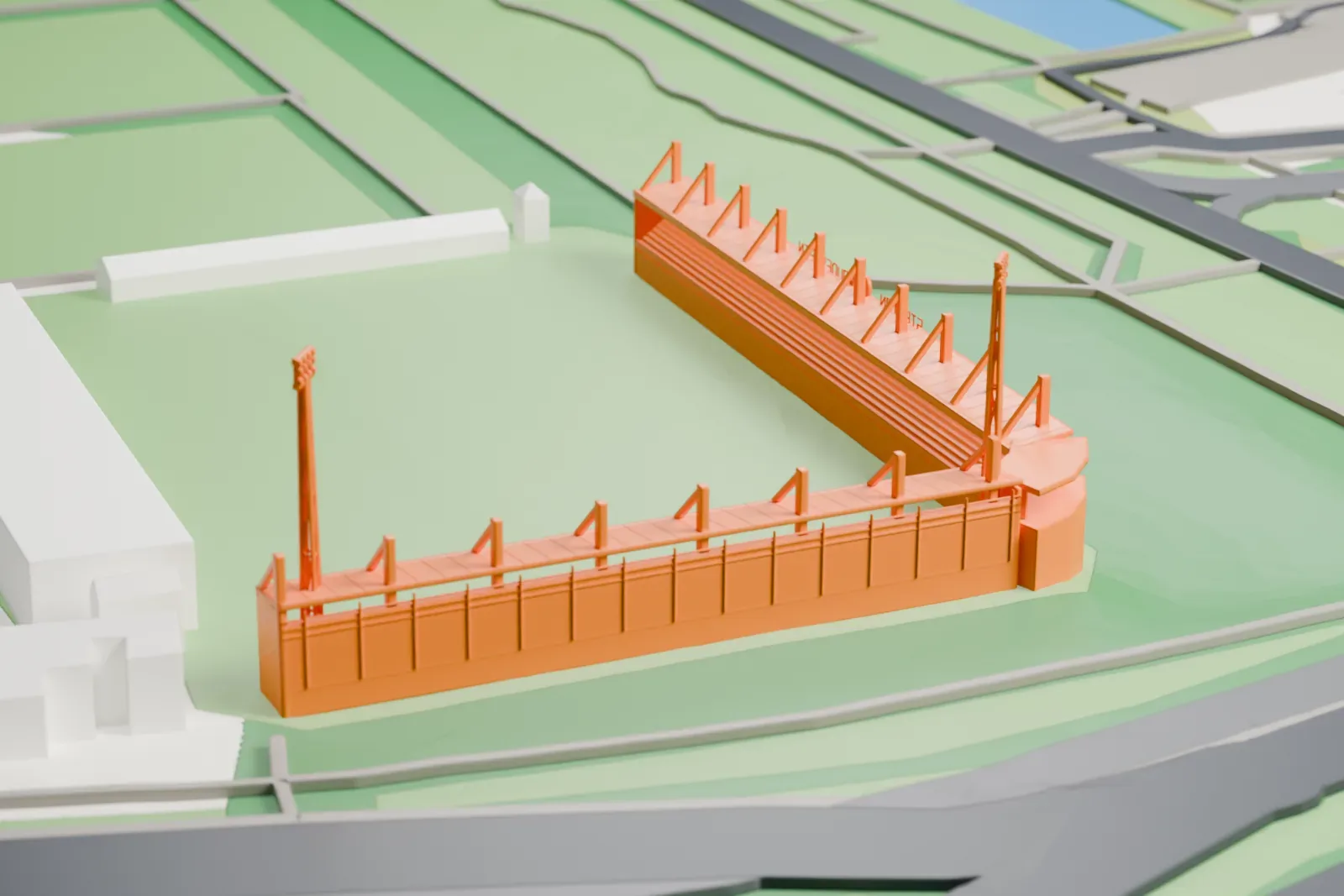 A white 3D print of Stadion Woudestein among the surrounding streets and buildings of Rotterdam.