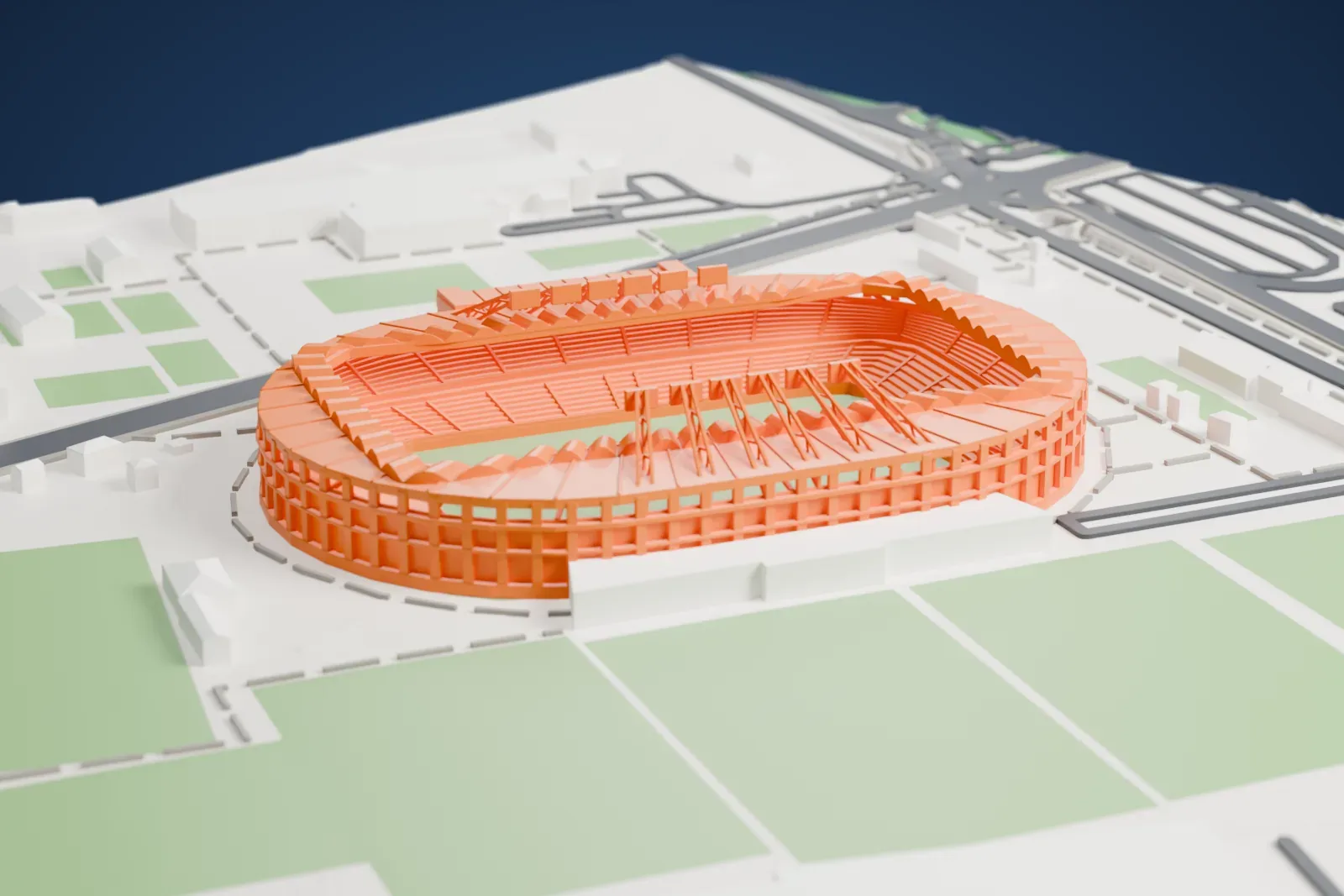 A white 3D print of the Stadium de Toulouse, an oval bowl with a continuous white ring roof and lattice floodlight booms over its long sides, among the surrounding streets and buildings.