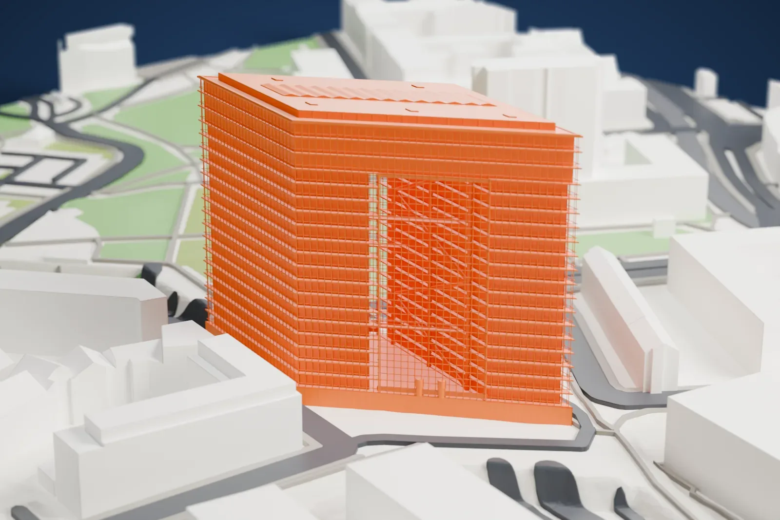 A white 3D print of the Stadttor rising above the surrounding streets and buildings.