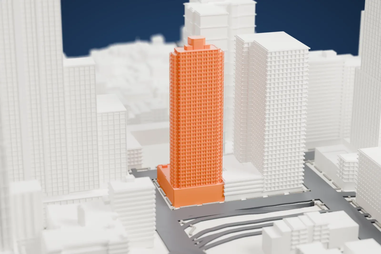 A white 3D print of Stage 42, a tall slim tower with a low base, surrounded by other tall buildings.