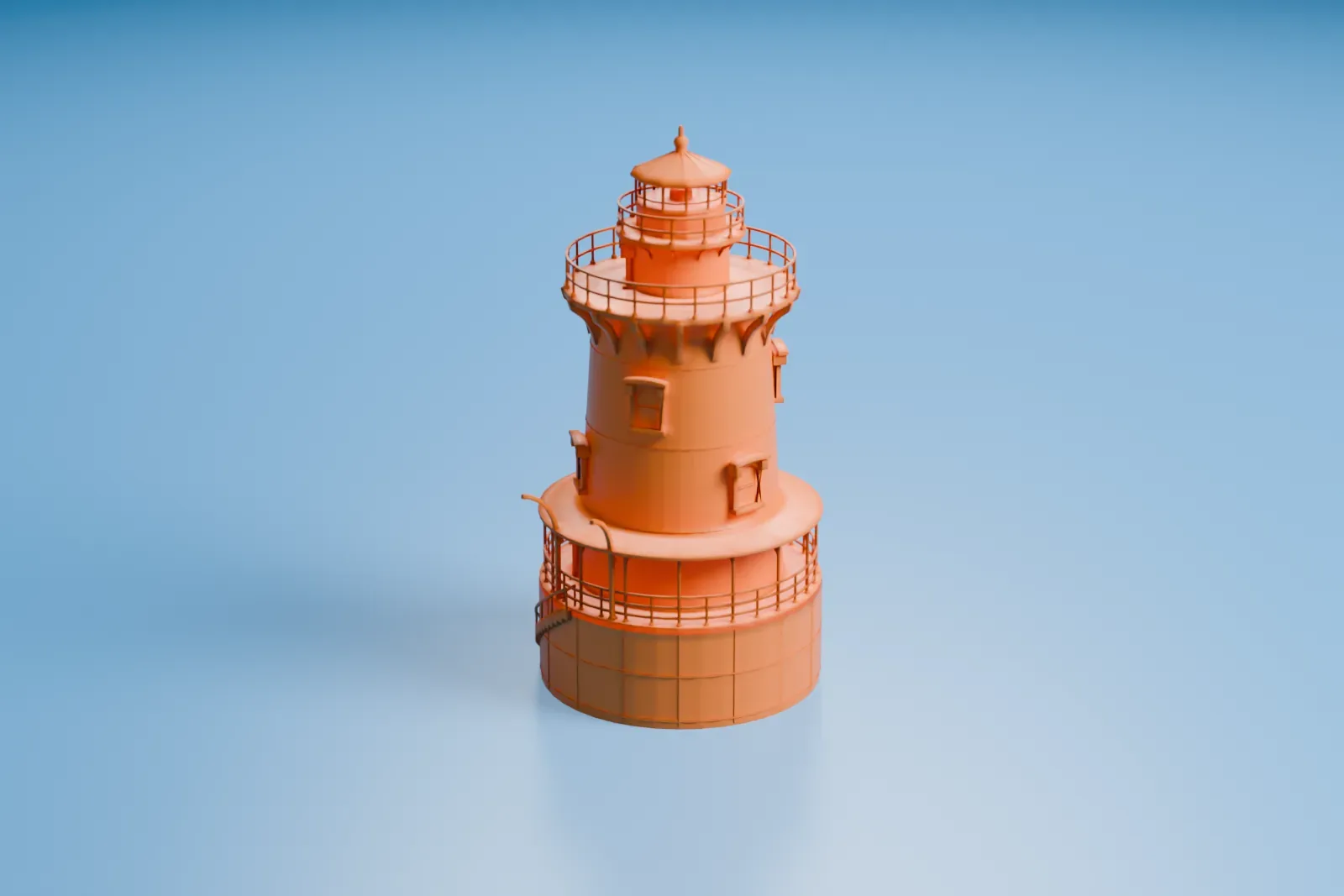 A white 3D print of the Stamford Harbor Ledge Light, a round tower with two railed galleries and a small lantern room, standing alone surrounded by open water.