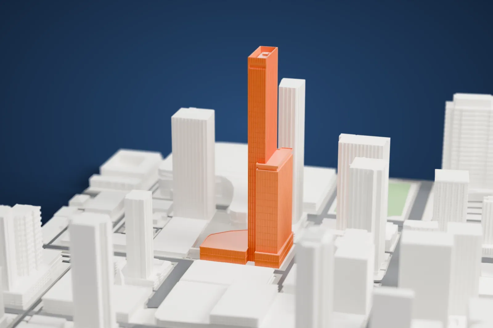 A white 3D print of Stantec Tower among the surrounding streets and buildings of downtown Edmonton.