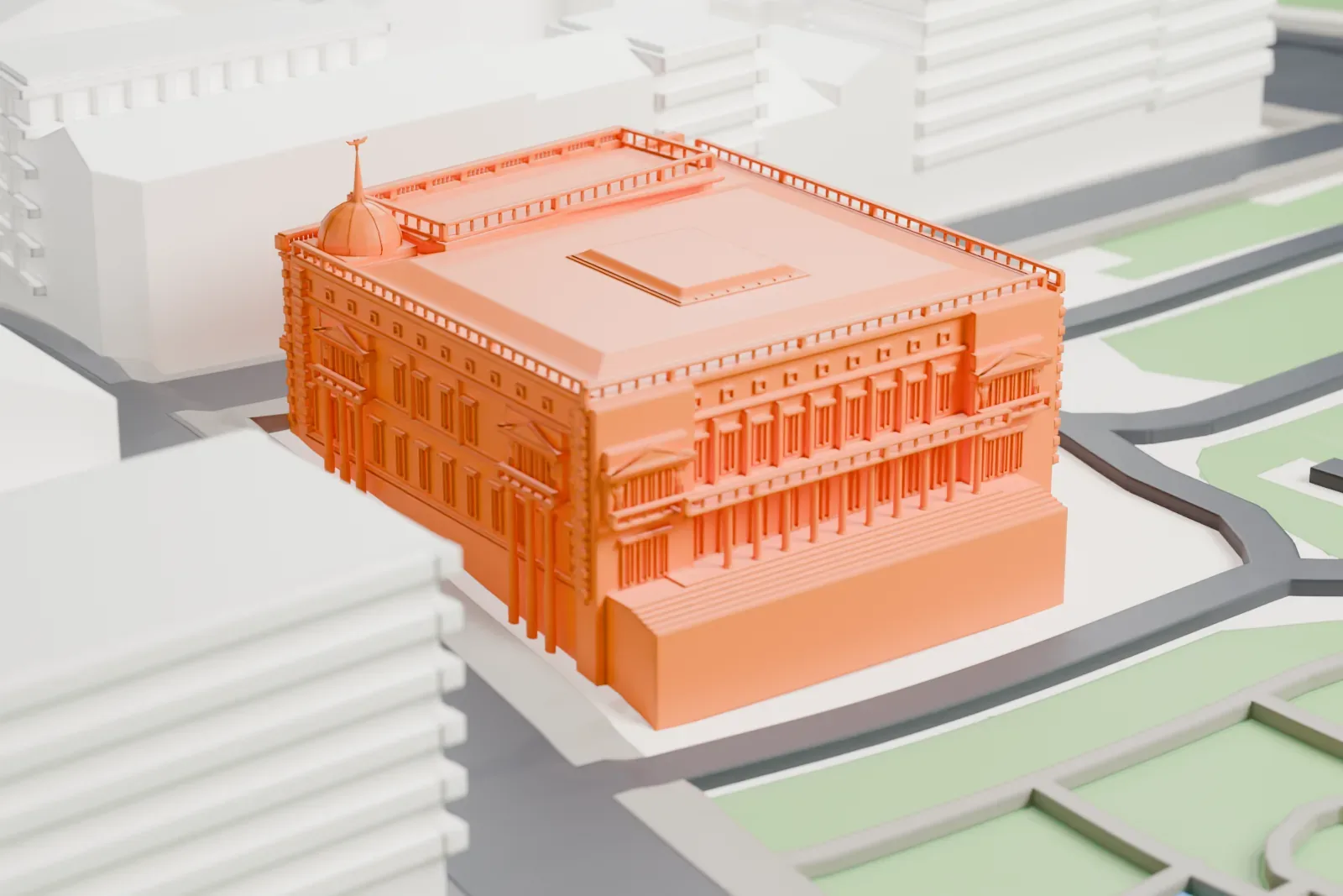 A white 3D print of Stari dvor with its columned entrance, corner cupola and surrounding city buildings.