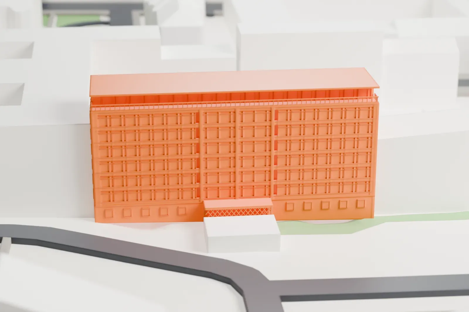 A white 3D print of the Stasimuseum, among the surrounding streets and buildings.