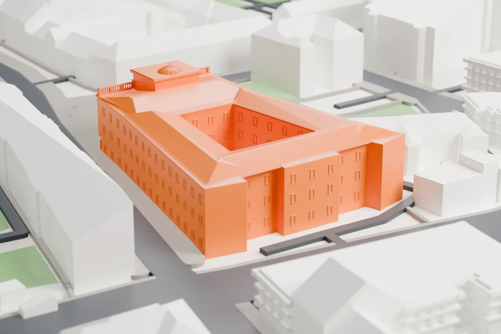 A white 3D print of the Staszic Palace, a neoclassical palace, among the surrounding streets and buildings of Warsaw.