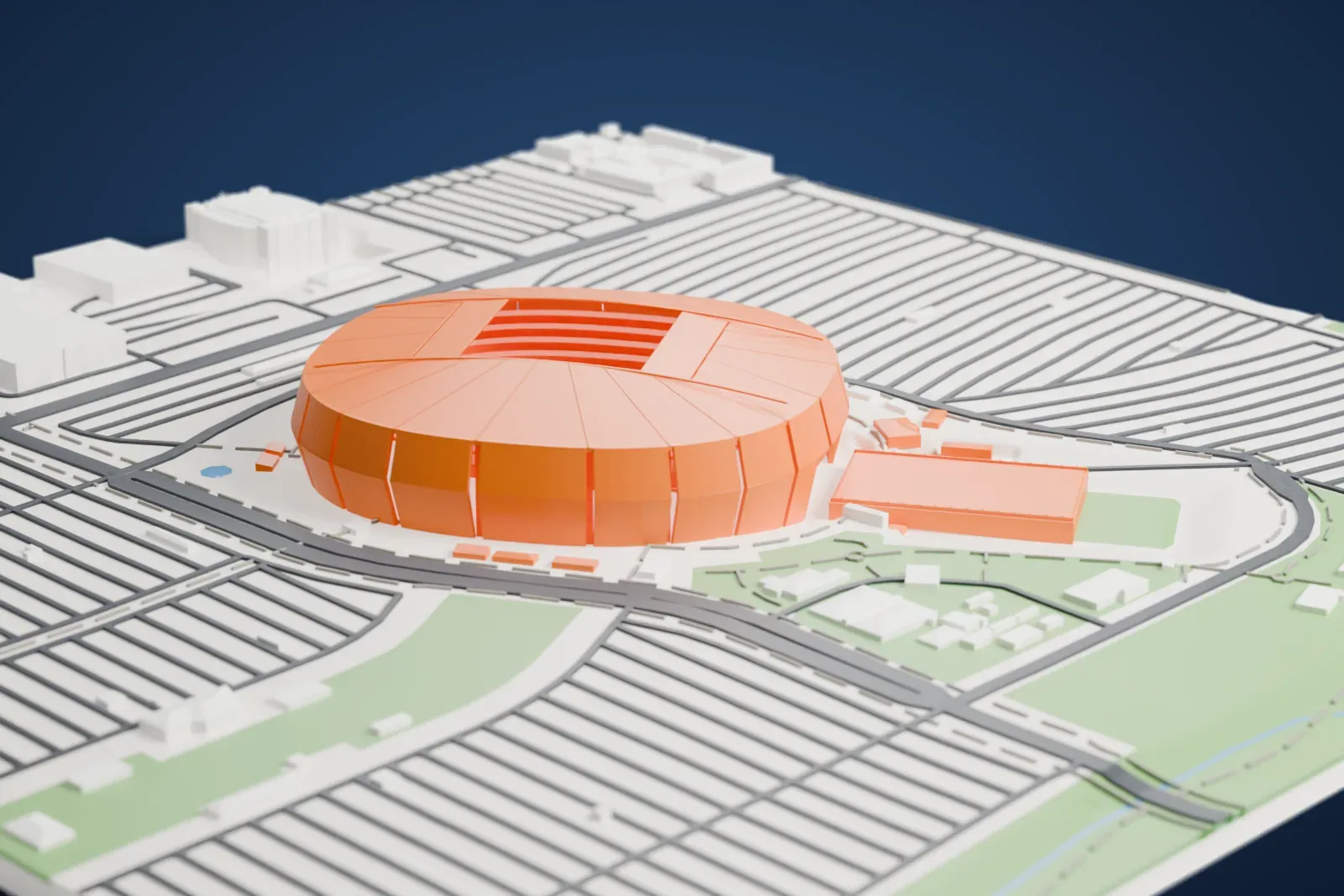 A white 3D print of State Farm Stadium, a wide oval bowl with a paneled roof and a rectangular block beside it, surrounded by curving streets, green spaces and low buildings.