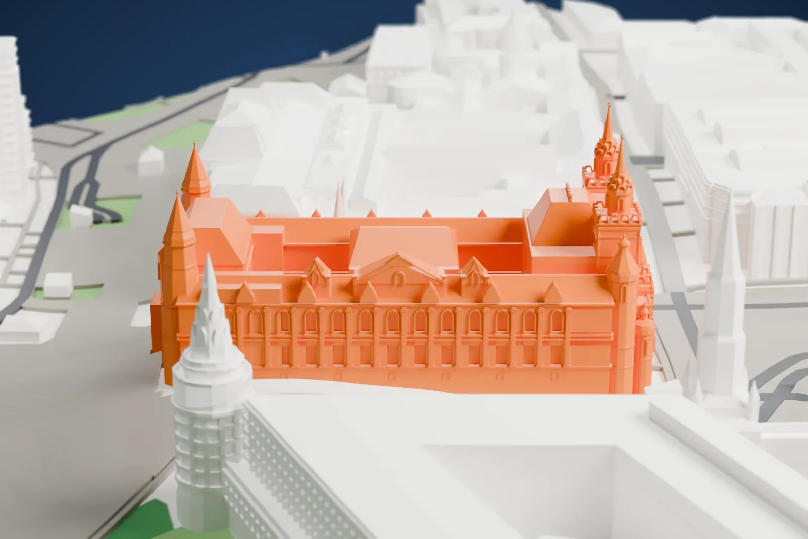 A white 3D print of the State Historical Museum in Moscow, set among the surrounding streets and buildings.