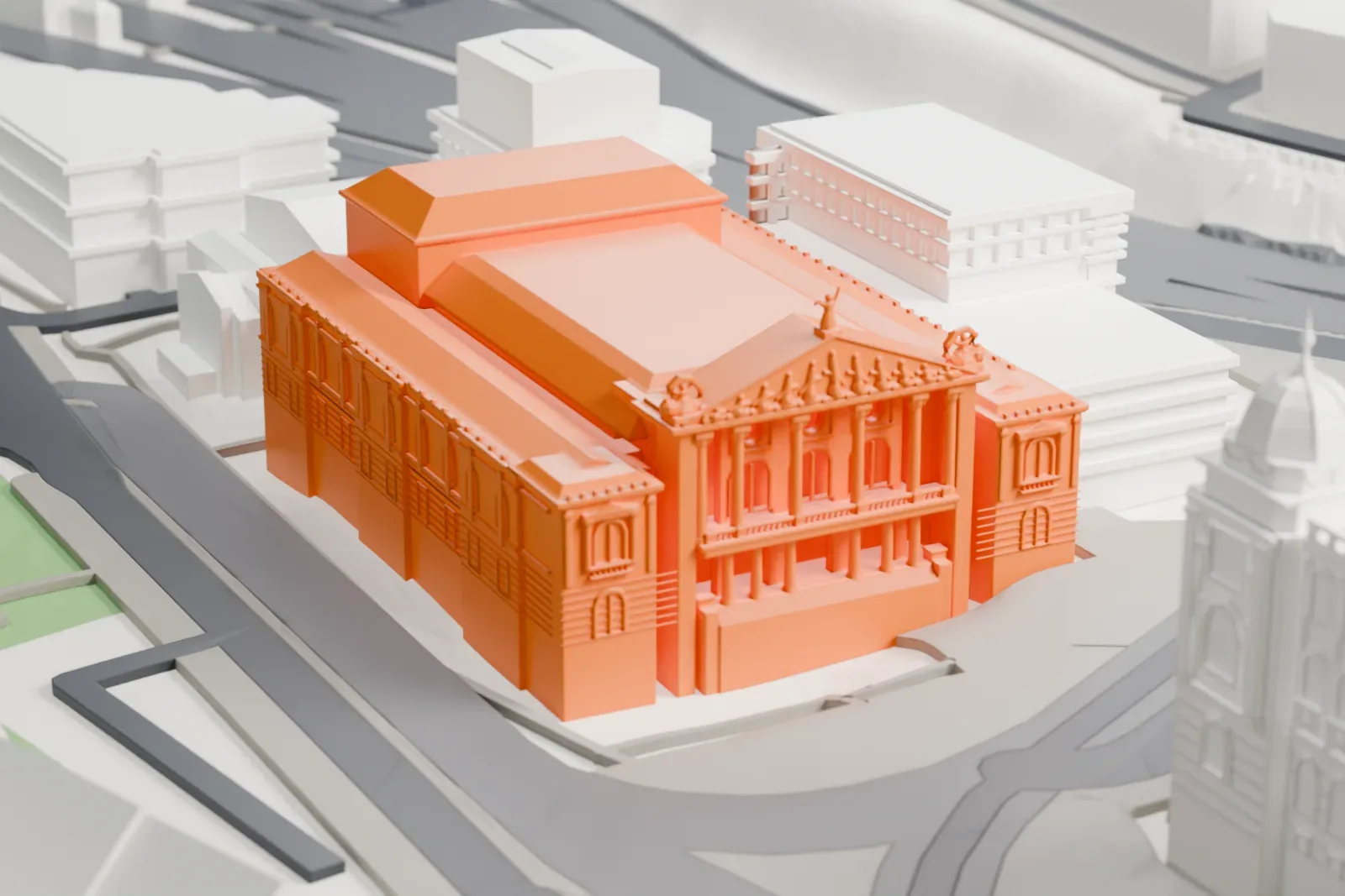 A white 3D print of the State Opera among the surrounding streets and buildings.