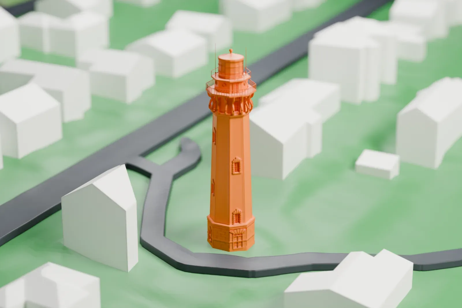 A white 3D print of the Staten Island Range Light, a tall, slender, tapering lighthouse with a lantern room at the top, standing on a grassy hill among small houses.