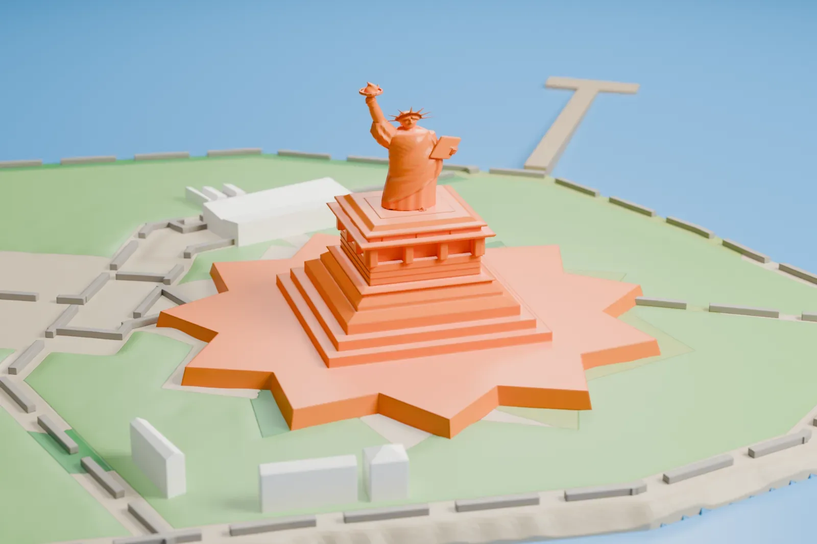 A white 3D print of the Statue of Liberty on its pedestal and star-shaped base, standing on a small island with paths and low buildings, surrounded by water.